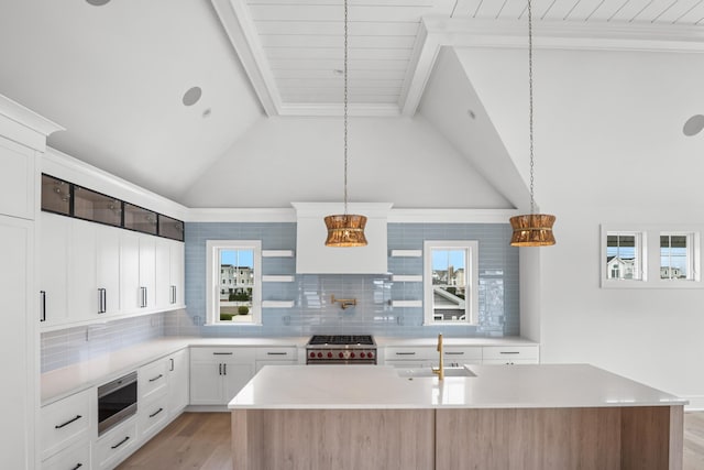 286 75th St, Avalon, NJ 08202 - kitchen featuring a sink, appliances with stainless steel finishes, lofted ceiling, decorative backsplash, and light wood-style floors
