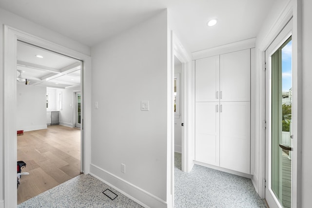 286 75th St, Avalon, NJ 08202 - corridor featuring recessed lighting, baseboards, coffered ceiling, and beamed ceiling