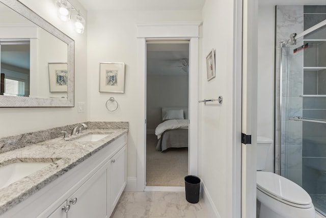 149 10th St, Avalon, NJ 08202 - ensuite bathroom featuring marble look tile flooring, double vanity, a stall shower, and a ceiling fan