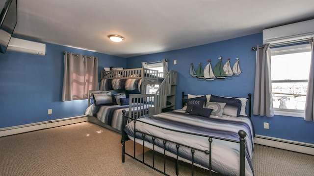 bedroom with multiple windows, a wall mounted air conditioner, a baseboard heating unit, and carpet floors