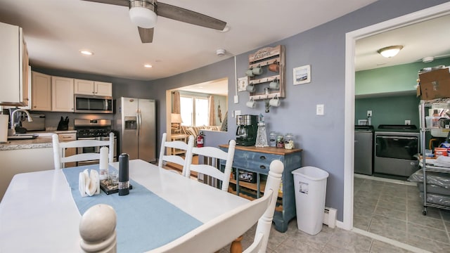 dining space with light tile patterned floors, washing machine and dryer, recessed lighting, and ceiling fan