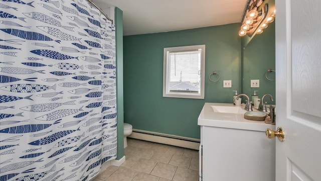 full bathroom with a shower with curtain, toilet, tile patterned flooring, a baseboard radiator, and vanity