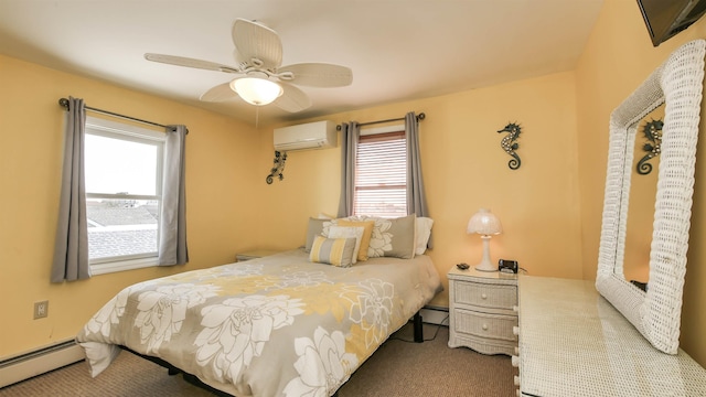 carpeted bedroom featuring baseboard heating, multiple windows, and a wall unit AC