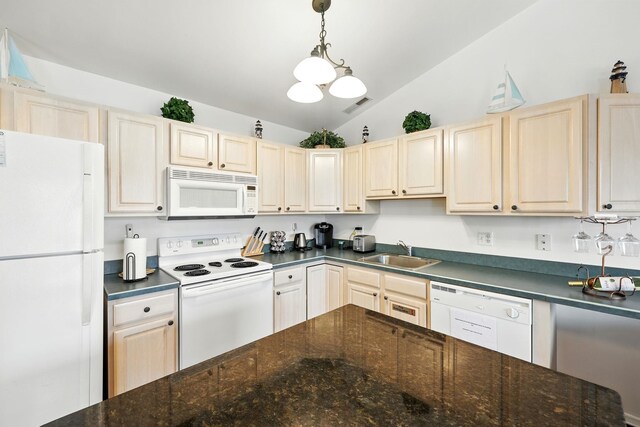3102 Ocean Ave Unit G, Wildwood, NJ 08260 - kitchen with white appliances, lofted ceiling, and decorative light fixtures