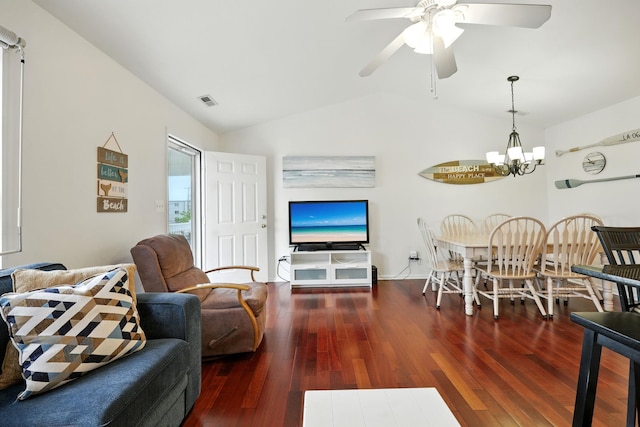 3102 Ocean Ave Unit G, Wildwood, NJ 08260 - living area with a chandelier, vaulted ceiling, wood finished floors, and a ceiling fan
