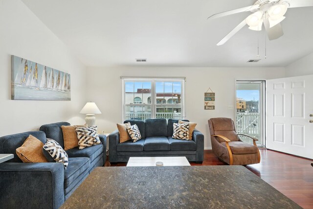 3102 Ocean Ave Unit G, Wildwood, NJ 08260 - living area with dark wood-style flooring, vaulted ceiling, and a ceiling fan