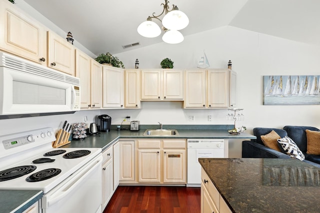 3102 Ocean Ave Unit G, Wildwood, NJ 08260 - kitchen with white appliances, vaulted ceiling, a chandelier, dark wood-style floors, and open floor plan