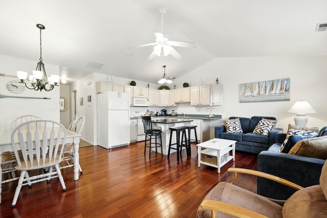 3102 Ocean Ave Unit G, Wildwood, NJ 08260 - living area with a chandelier, lofted ceiling, dark wood-style flooring, and a ceiling fan