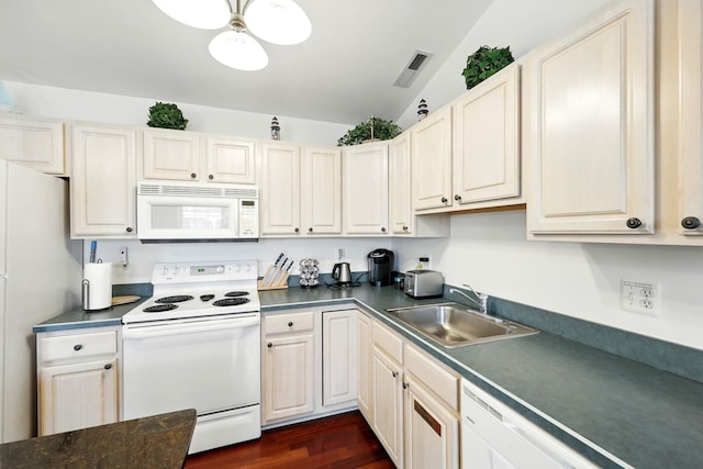 3102 Ocean Ave Unit G, Wildwood, NJ 08260 - kitchen with white appliances, dark countertops, dark wood finished floors, and vaulted ceiling