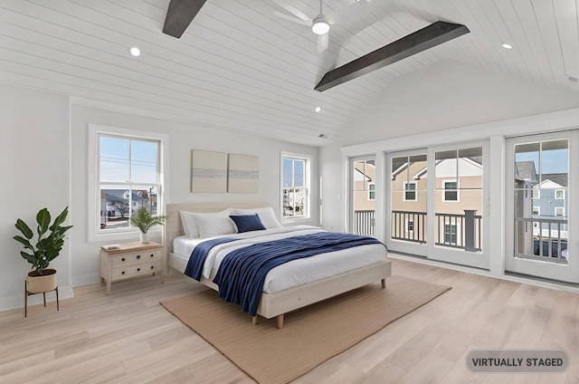 bedroom featuring access to exterior, vaulted ceiling with beams, recessed lighting, light wood-style flooring, and wooden ceiling