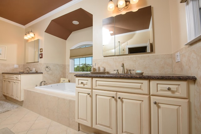 bathroom featuring crown molding, tile patterned flooring, vanity, and a relaxing tiled tub