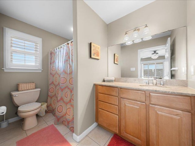 bathroom featuring tile patterned flooring, vanity, ceiling fan, and toilet