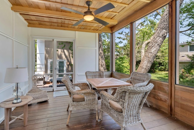 312 S Lake Dr, Cape May Point, NJ 08212 - sunroom with ceiling fan, french doors, beamed ceiling, and outdoor dining space