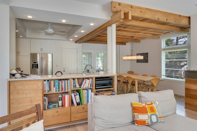 312 S Lake Dr, Cape May Point, NJ 08212 - living area featuring light wood-style flooring, healthy amount of natural light, a ceiling fan, recessed lighting, and a wooden ceiling with exposed beams