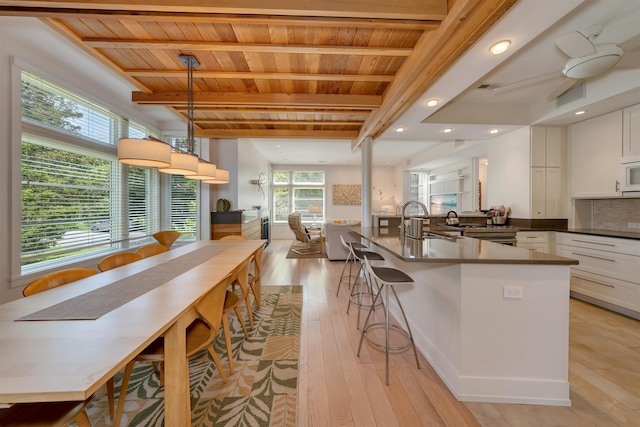 312 S Lake Dr, Cape May Point, NJ 08212 - kitchen with a wood ceiling with exposed beams, white cabinets, white microwave, light wood-style flooring, and a breakfast bar area