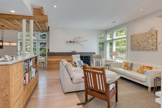 312 S Lake Dr, Cape May Point, NJ 08212 - living room featuring light wood-type flooring, recessed lighting, and a fireplace