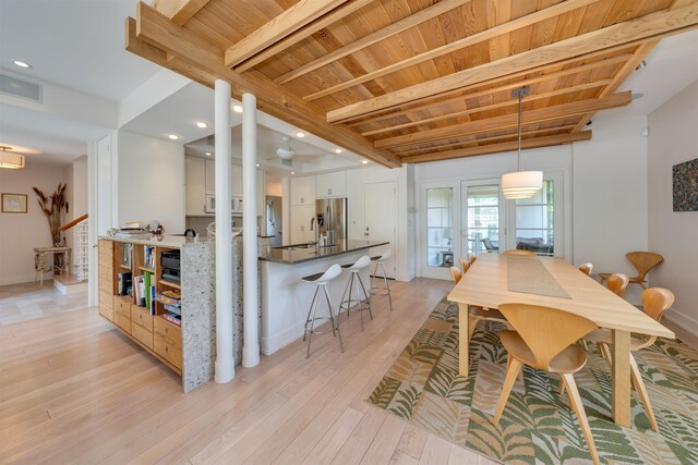 312 S Lake Dr, Cape May Point, NJ 08212 - dining area with a wood ceiling with exposed beams, french doors, light wood-type flooring, and recessed lighting
