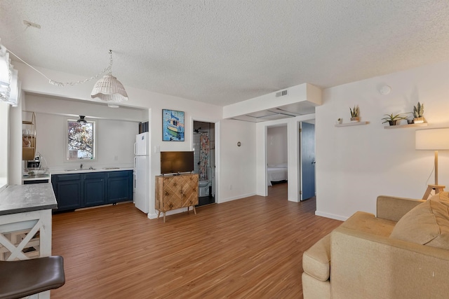 living room featuring light wood-type flooring and a textured ceiling