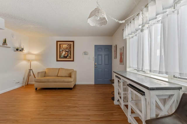 living room featuring wood-type flooring and a textured ceiling