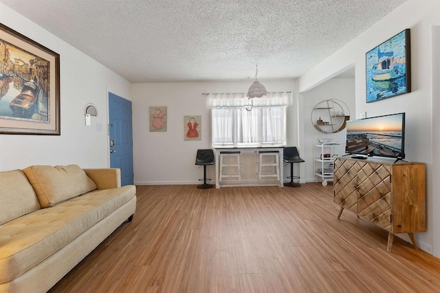 living room with a textured ceiling and hardwood / wood-style flooring