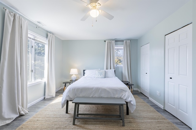 bedroom featuring multiple windows, wood finished floors, and baseboards