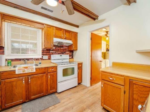 kitchen with sink, light wood-type flooring, ceiling fan, beam ceiling, and white range with electric stovetop