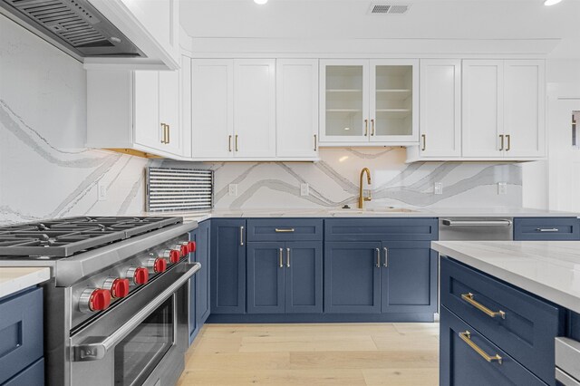 kitchen featuring custom exhaust hood, stainless steel appliances, sink, blue cabinetry, and white cabinets