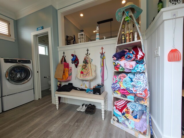 128 30th St, Avalon, NJ 08202 - mudroom featuring washer / dryer, wood finished floors, ornamental molding, and recessed lighting