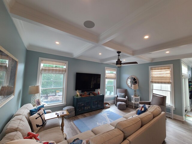 128 30th St, Avalon, NJ 08202 - living room featuring beamed ceiling, wood finished floors, a ceiling fan, recessed lighting, and crown molding