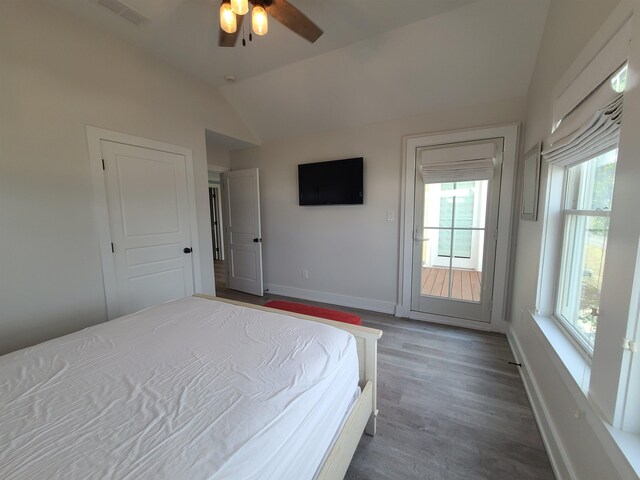 128 30th St, Avalon, NJ 08202 - bedroom featuring vaulted ceiling, wood finished floors, and ceiling fan