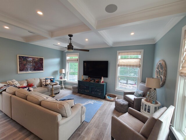 128 30th St, Avalon, NJ 08202 - living area featuring beam ceiling, a ceiling fan, wood finished floors, recessed lighting, and coffered ceiling