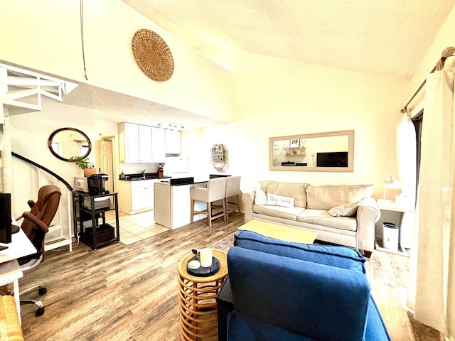 living room with high vaulted ceiling and light hardwood / wood-style flooring