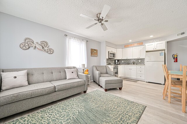 5301 Atlantic Ave Unit J, Wildwood, NJ 08260 - living room with a textured ceiling, ceiling fan, light wood finished floors, and recessed lighting