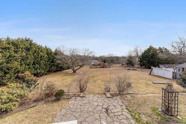 view of yard featuring a patio and fence