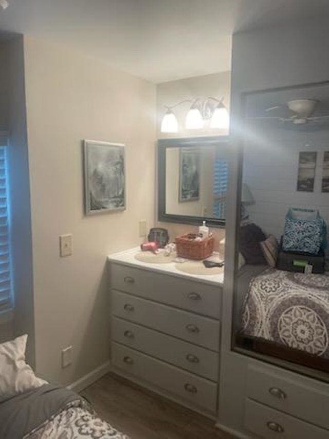 bathroom with vanity and hardwood / wood-style floors