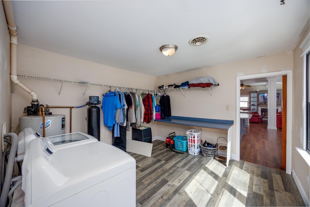 3108 Hemlock Rd, North Cape May, NJ 08204 - laundry area with washing machine and dryer, a ceiling fan, and wood finished floors