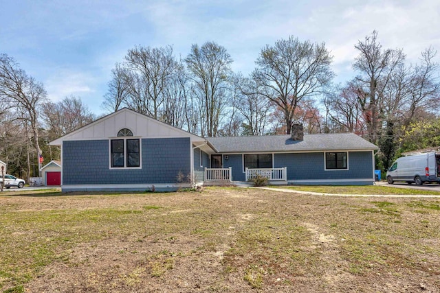 3108 Hemlock Rd, North Cape May, NJ 08204 - ranch-style house featuring covered porch, a front yard, and a chimney