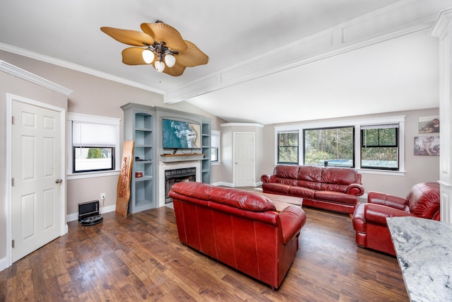 3108 Hemlock Rd, North Cape May, NJ 08204 - living room featuring dark wood finished floors, a fireplace, ceiling fan, and ornamental molding