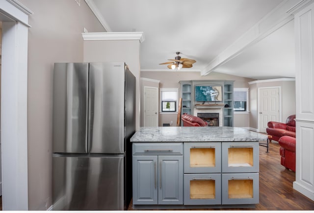 3108 Hemlock Rd, North Cape May, NJ 08204 - kitchen featuring freestanding refrigerator, open floor plan, a ceiling fan, a brick fireplace, and ornamental molding