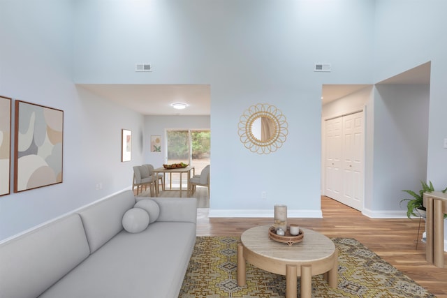 living room with a high ceiling and light hardwood / wood-style flooring