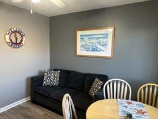 living room featuring hardwood / wood-style floors and ceiling fan