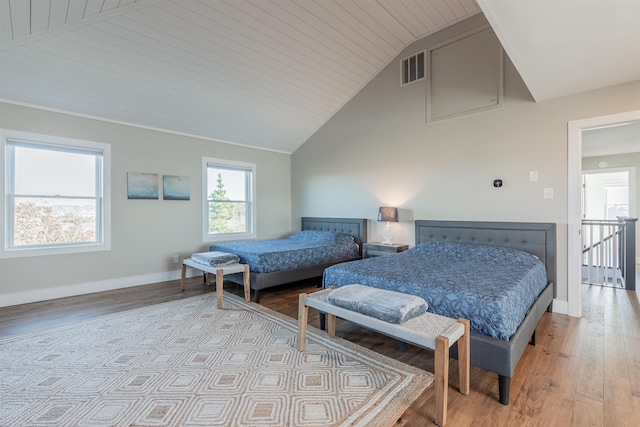 bedroom featuring light wood-type flooring, lofted ceiling, and wood ceiling