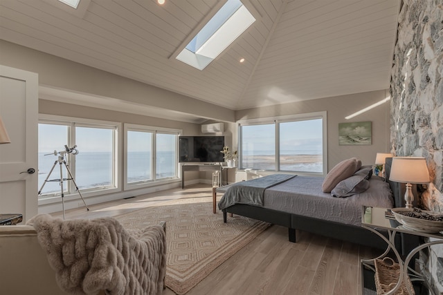 bedroom featuring light wood-type flooring, high vaulted ceiling, and wood ceiling