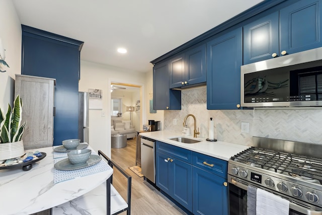 403 E 15th Ave Unit 3, North Wildwood, NJ 08260 - kitchen featuring appliances with stainless steel finishes, a sink, blue cabinetry, light wood finished floors, and backsplash