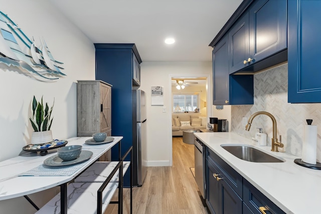 403 E 15th Ave Unit 3, North Wildwood, NJ 08260 - kitchen featuring a sink, tasteful backsplash, blue cabinets, light wood-type flooring, and appliances with stainless steel finishes