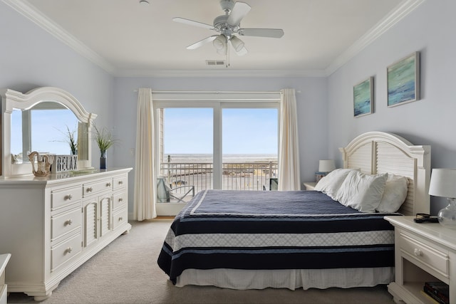 carpeted bedroom with crown molding, ceiling fan, and access to outside