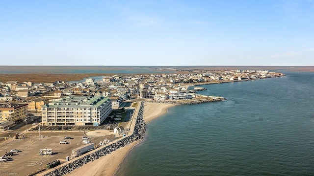 drone / aerial view with a water view and a view of the beach