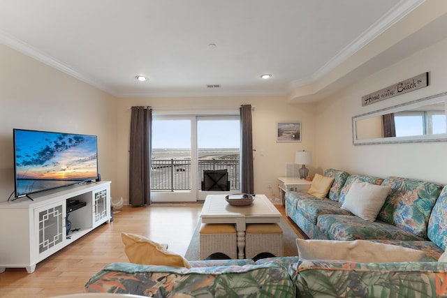 living room featuring crown molding and light hardwood / wood-style flooring