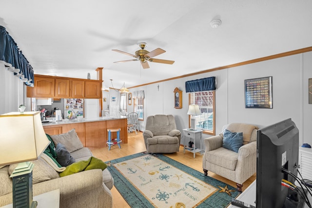 living area featuring ornamental molding, light wood finished floors, and ceiling fan