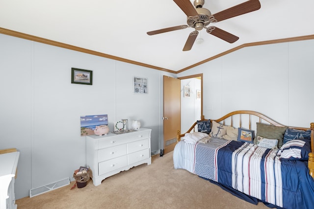 bedroom featuring crown molding, carpet, vaulted ceiling, and visible vents